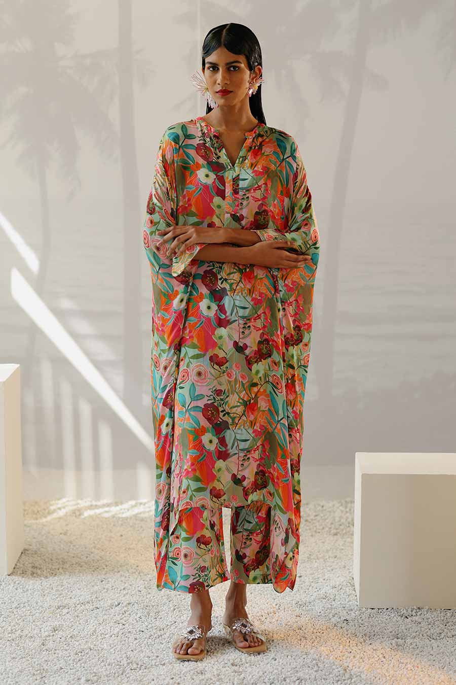 Multicolour Printed Long Kaftan & Pant Co-Ord Set