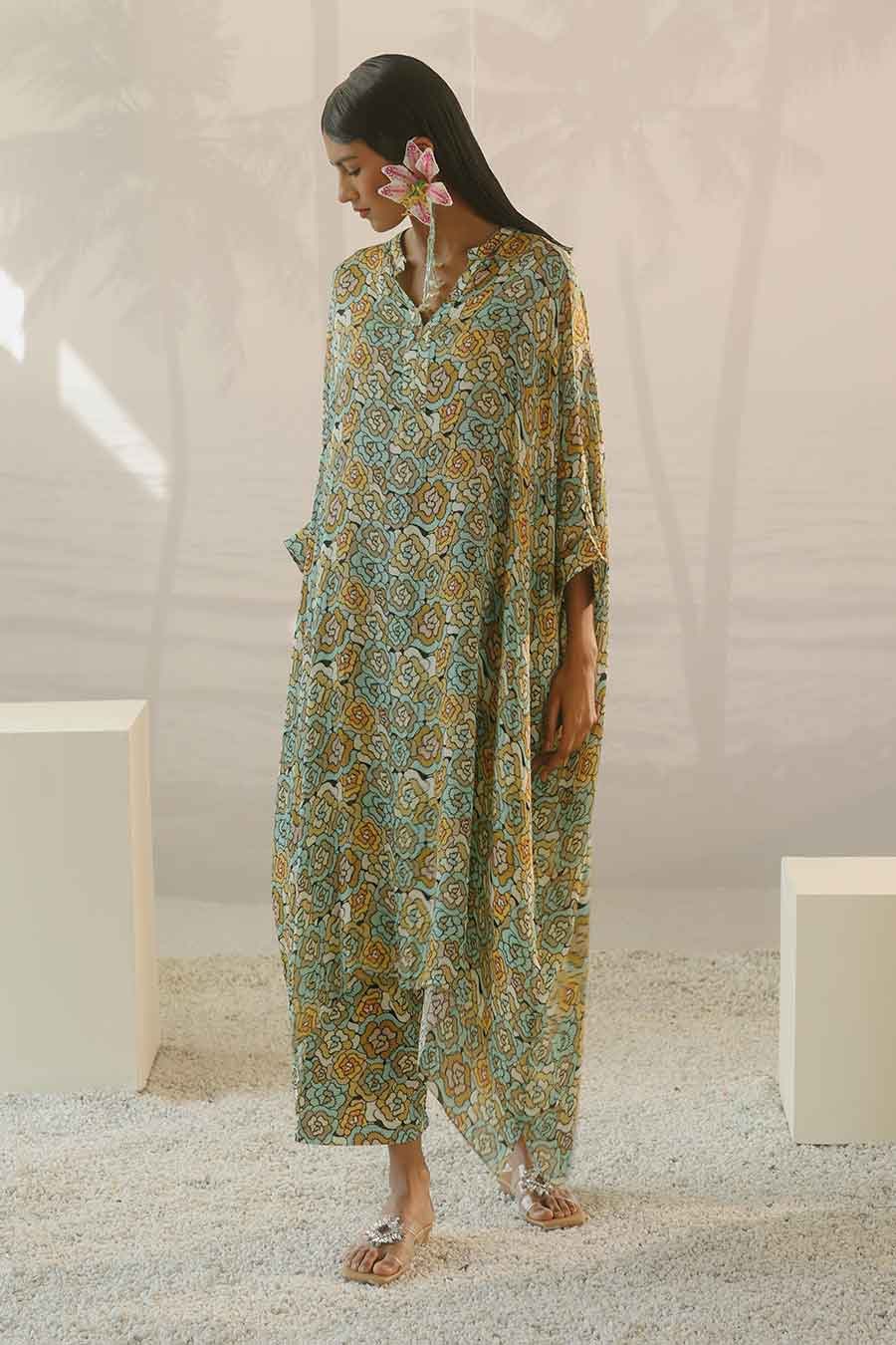 Mint Blue Printed Long Kaftan & Pant Co-Ord Set