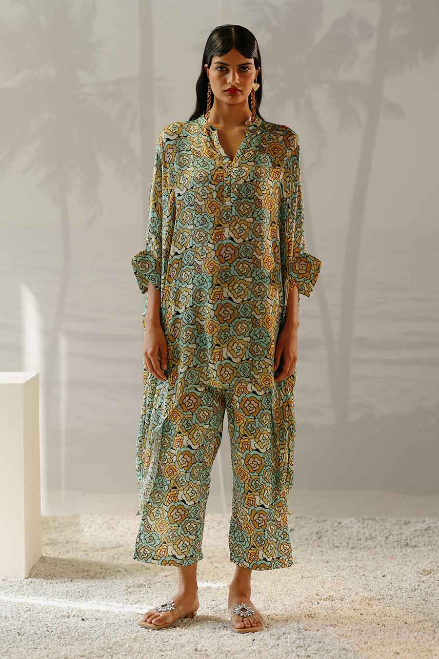 Mint Blue Printed Short Kaftan & Pant Co-Ord Set