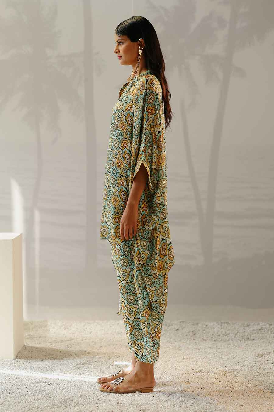 Mint Blue Printed Short Kaftan & Pant Co-Ord Set