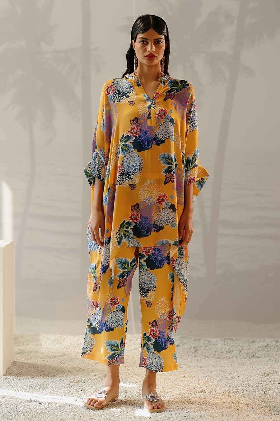 Yellow Printed Short Kaftan & Pant Co-Ord Set