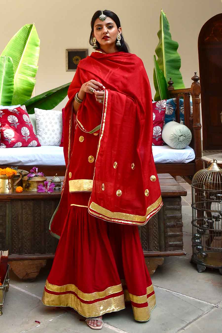 Red Surkh Embellished Gharara Set