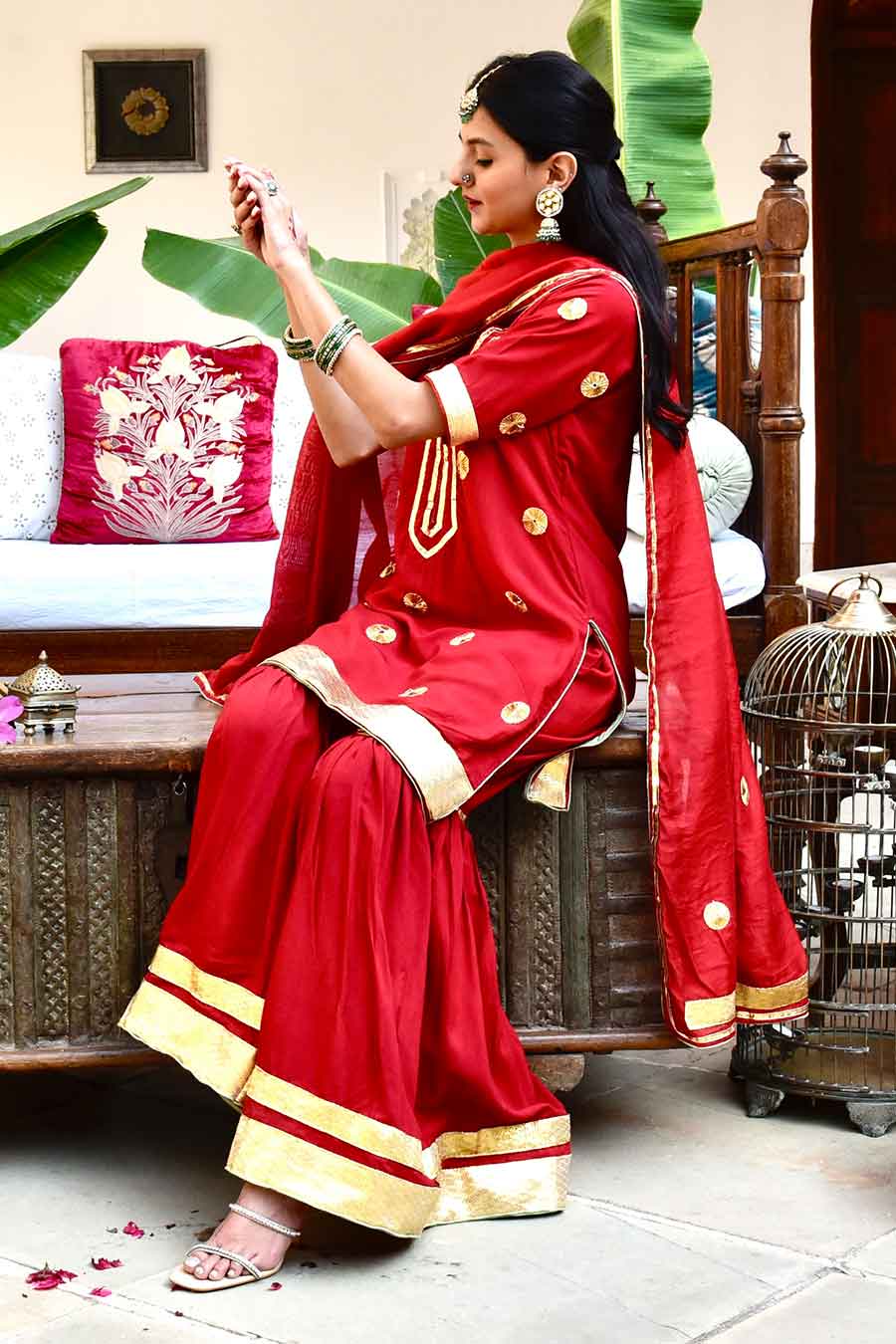 Red Surkh Embellished Gharara Set