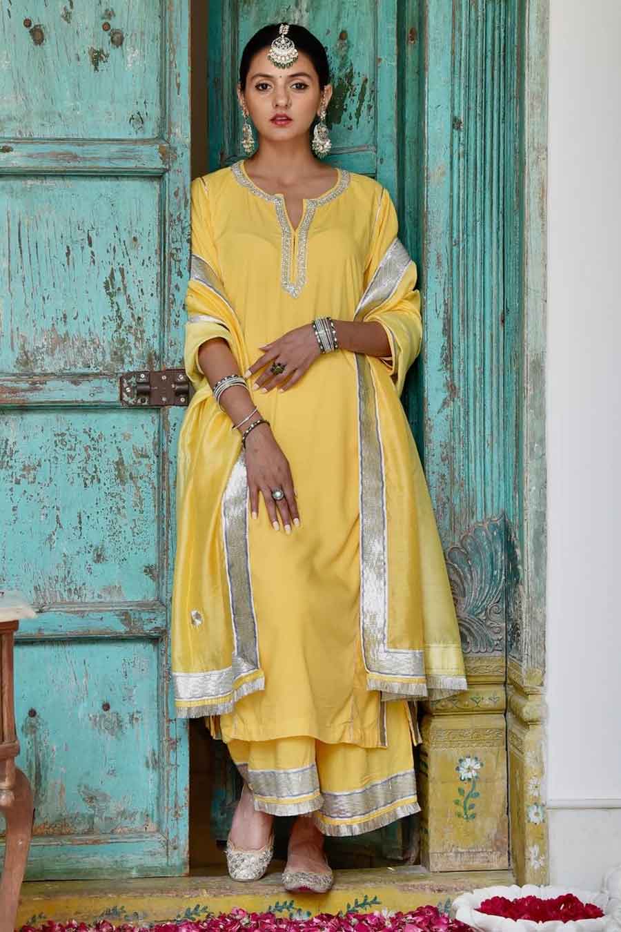 Yellow Champai Embellished Kurta Set