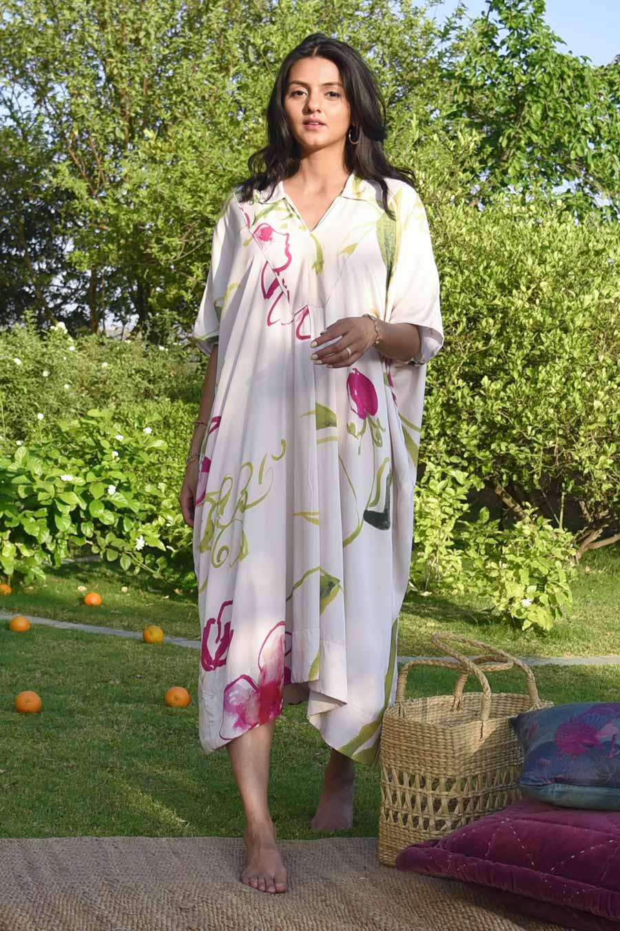 Cream Laurel Printed Kaftan Dress