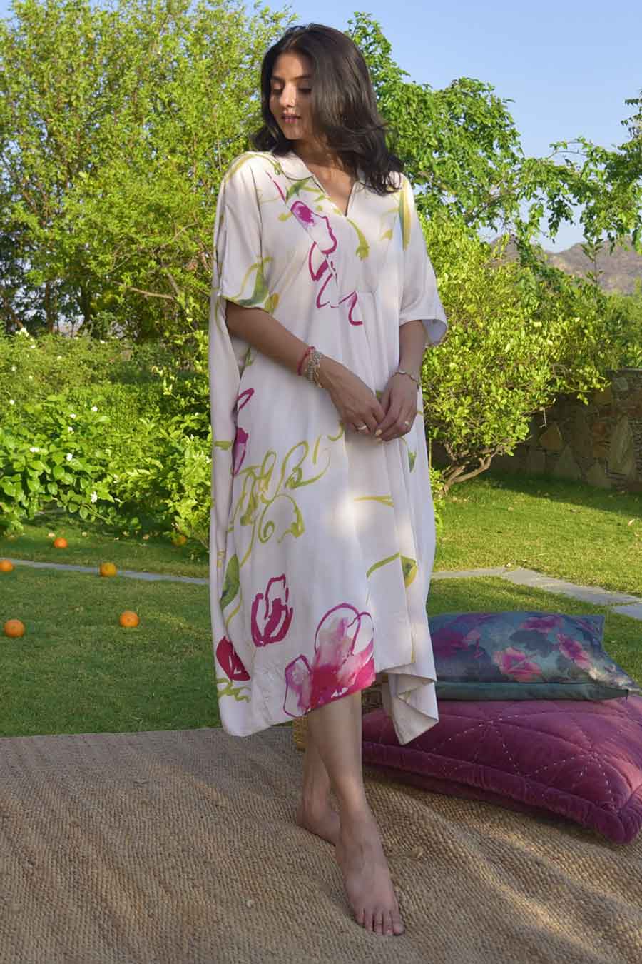 Cream Laurel Printed Kaftan Dress
