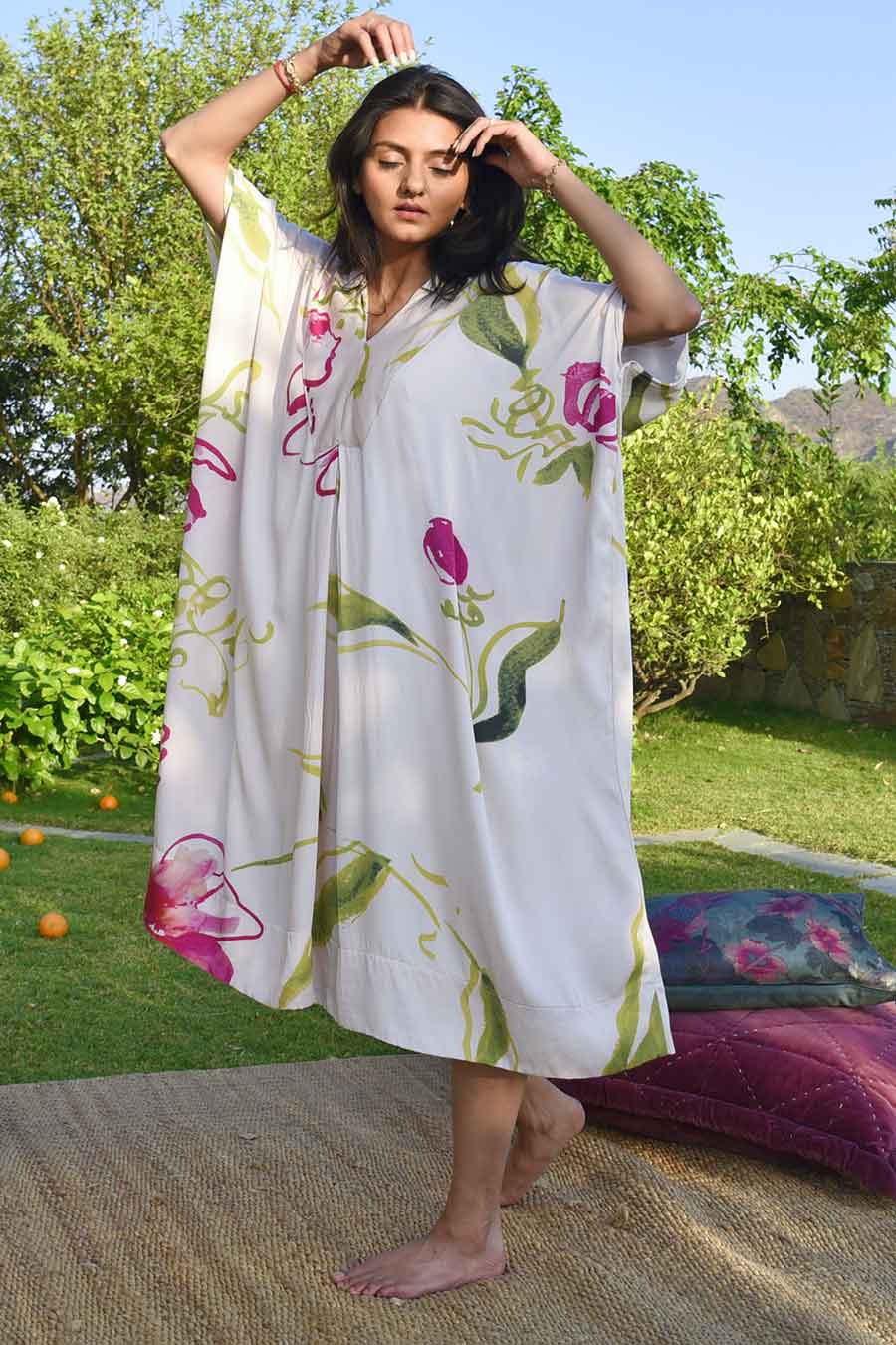 Cream Laurel Printed Kaftan Dress
