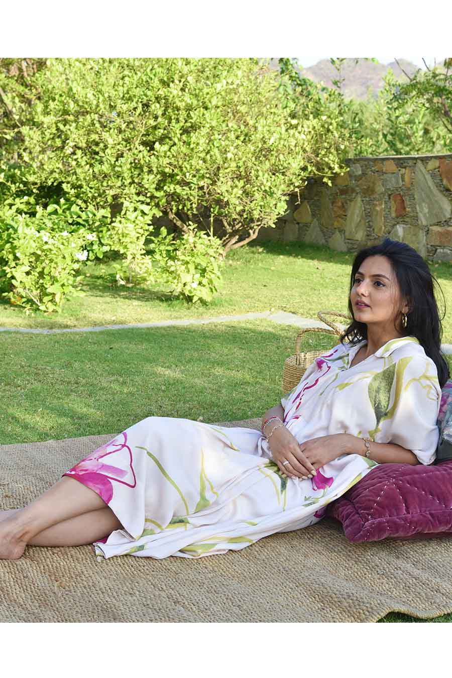 Cream Laurel Printed Kaftan Dress