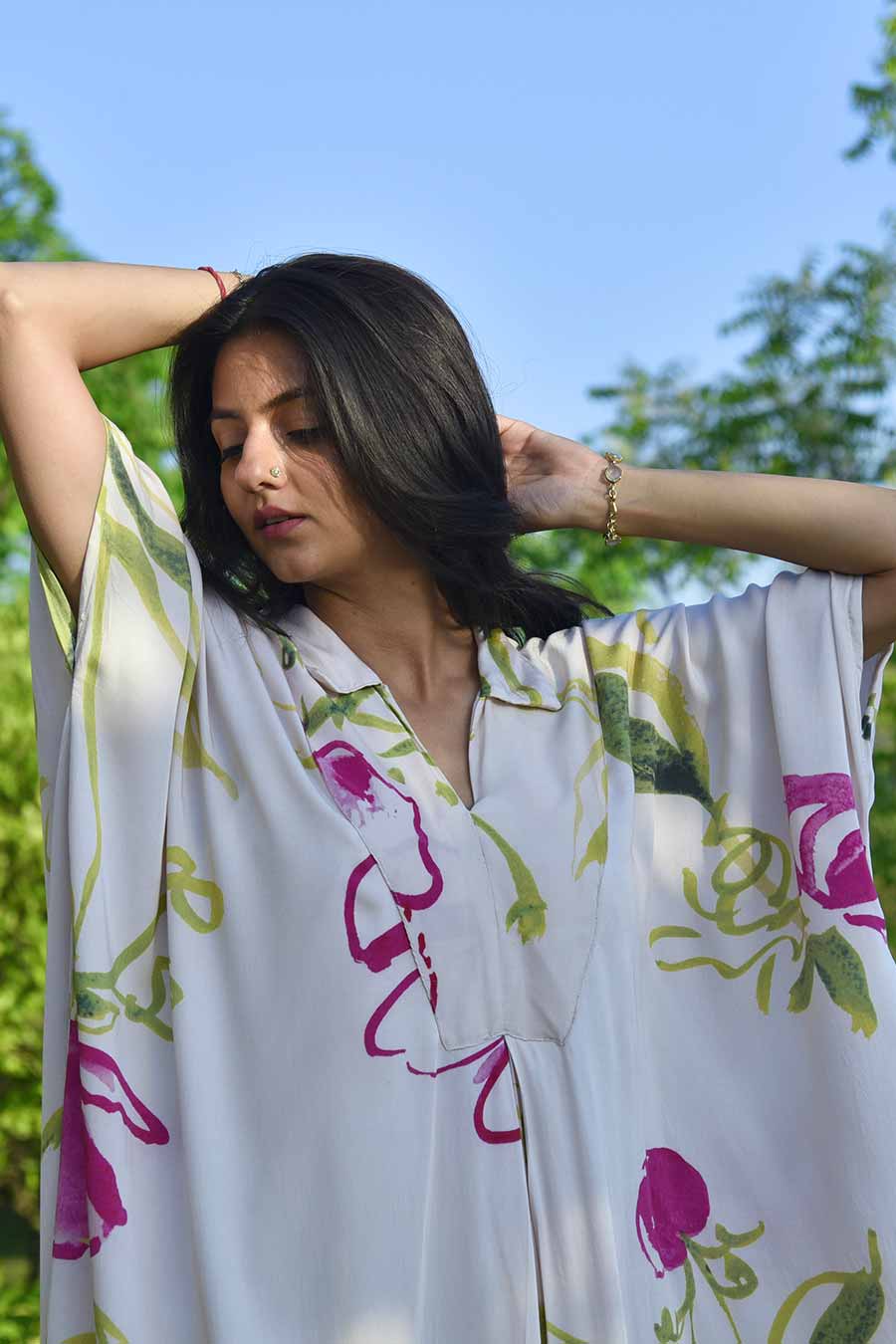 Cream Laurel Printed Kaftan Dress