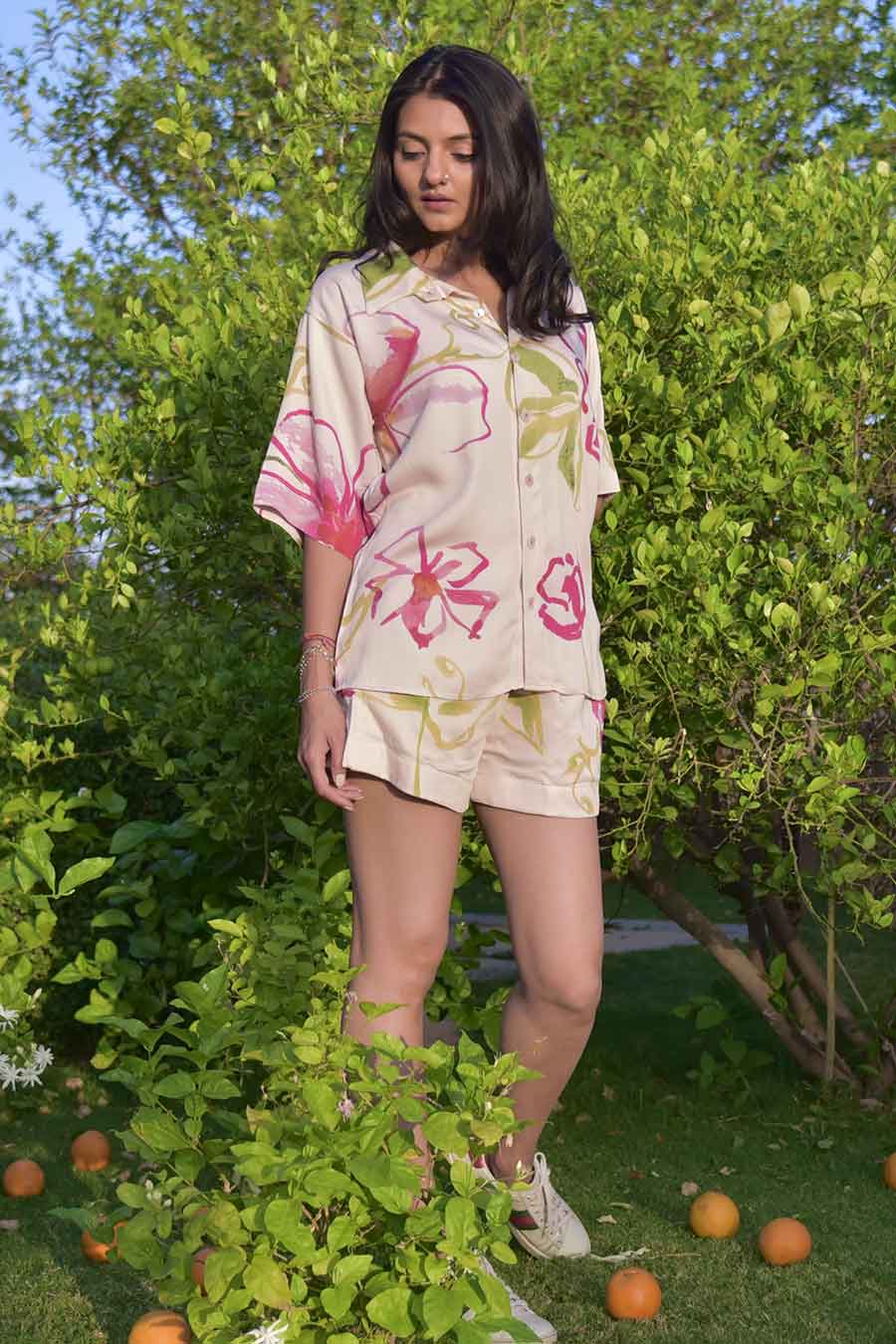 Cream Juniper Printed Shirt & Shorts Co-Ord Set