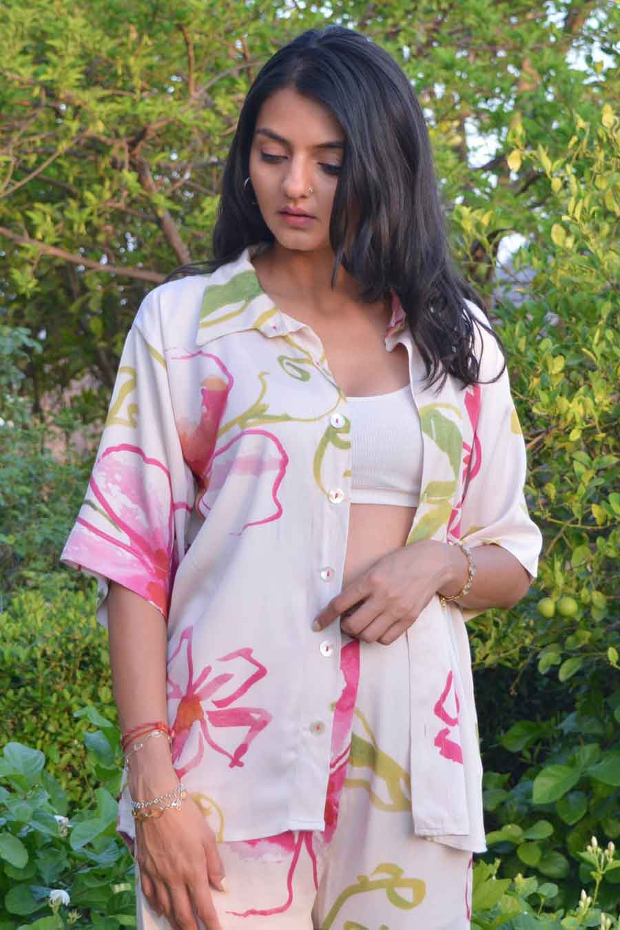 Cream Christina Printed Shirt & Pant Co-Ord Set