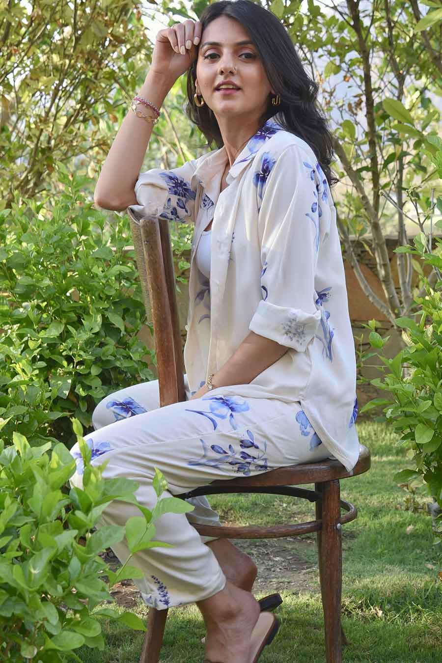 White Fiorella Printed Shirt & Pant Co-Ord Set