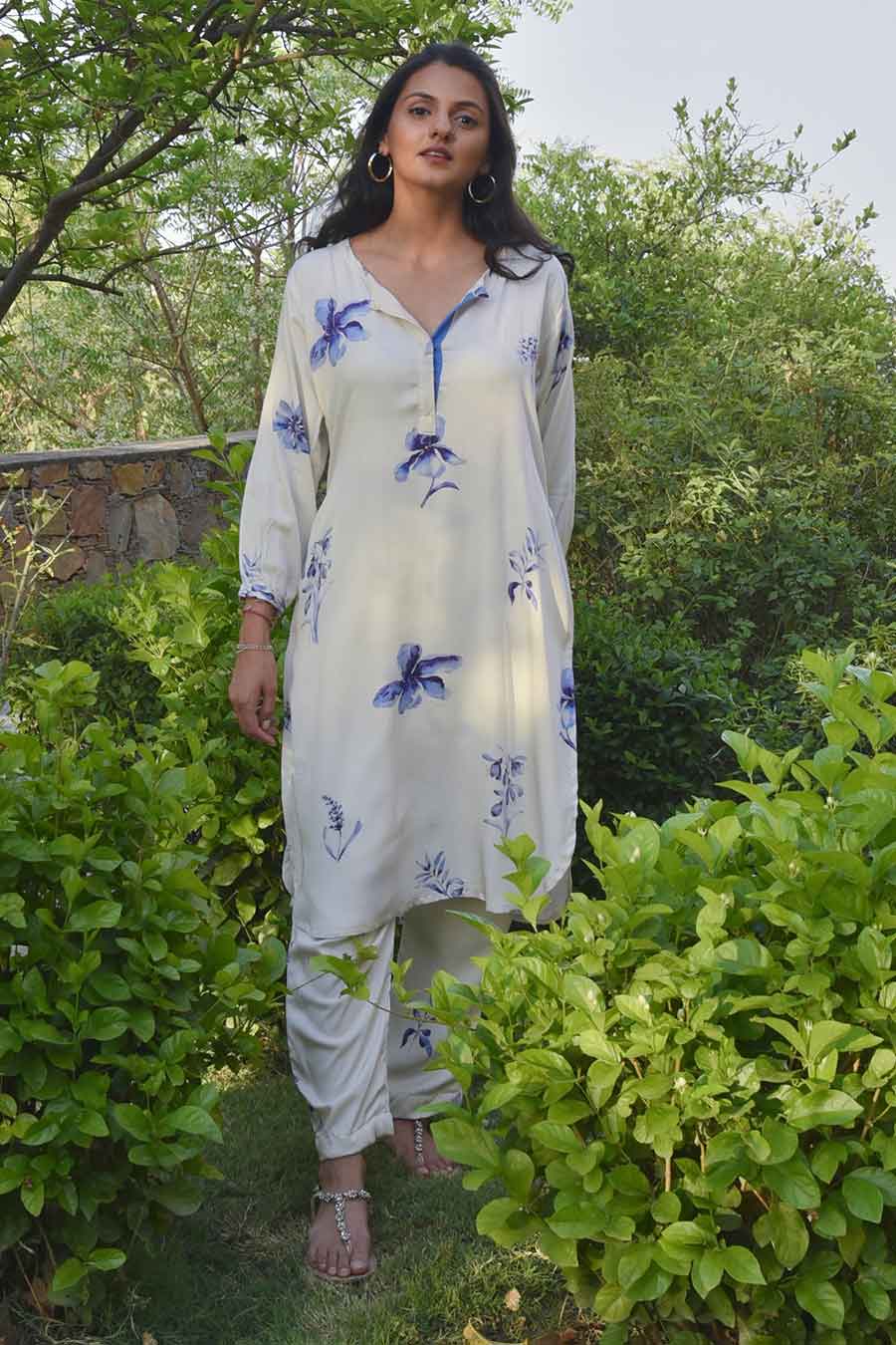 White Camellia Printed Kurta & Pant Set