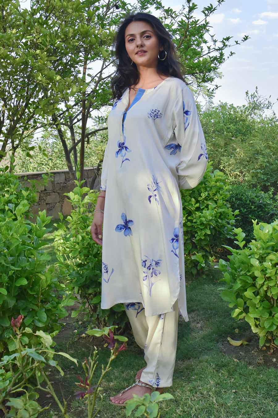 White Camellia Printed Kurta