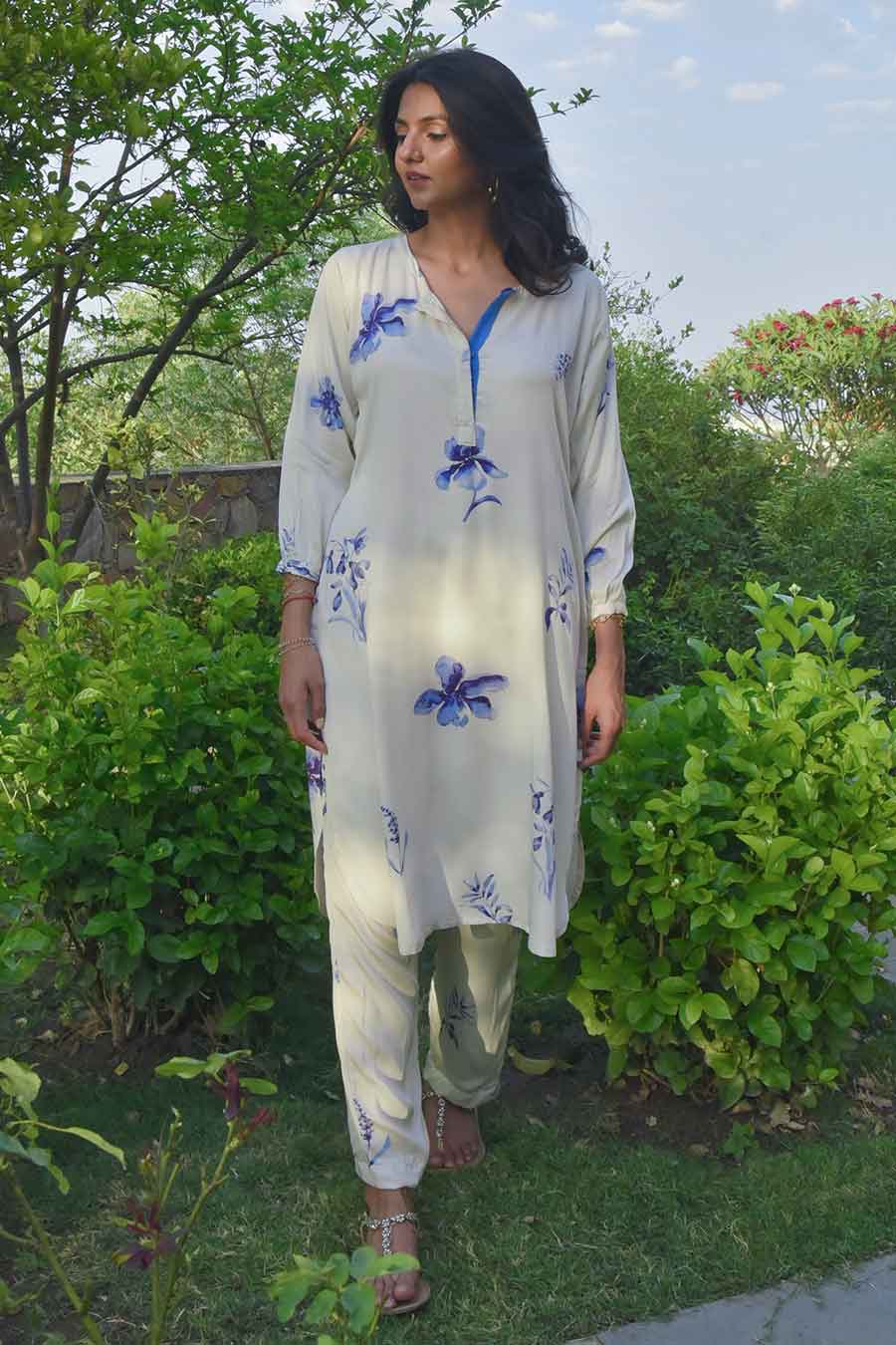 White Camellia Printed Kurta