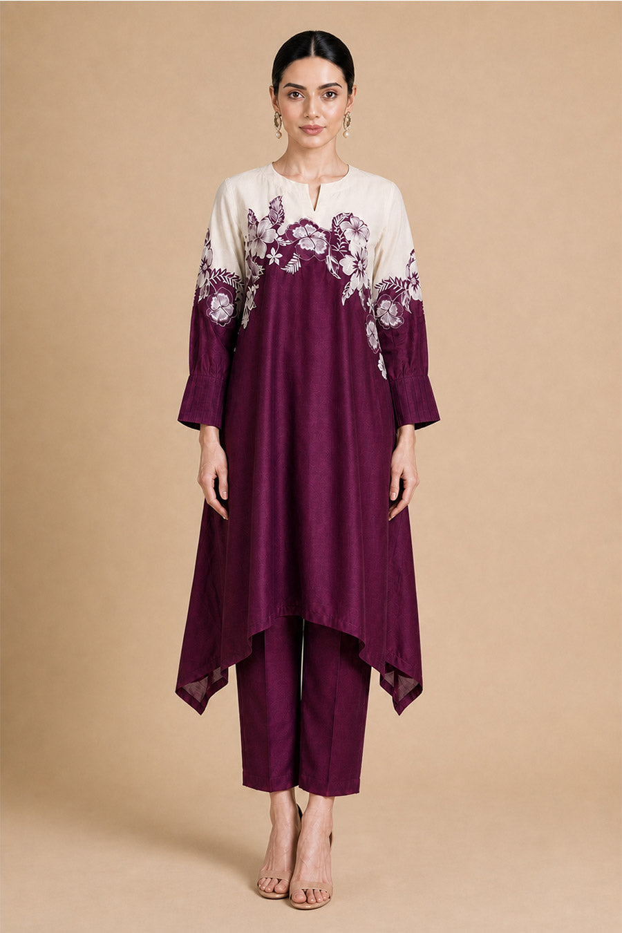 Fiora Burgundy Chanderi Embroidered Co-Ord Set