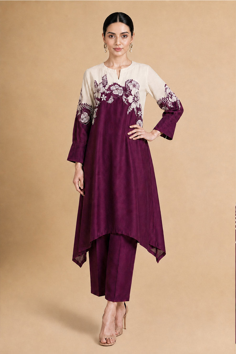 Fiora Burgundy Chanderi Embroidered Co-Ord Set