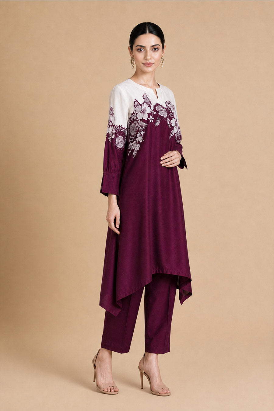 Fiora Burgundy Chanderi Embroidered Co-Ord Set