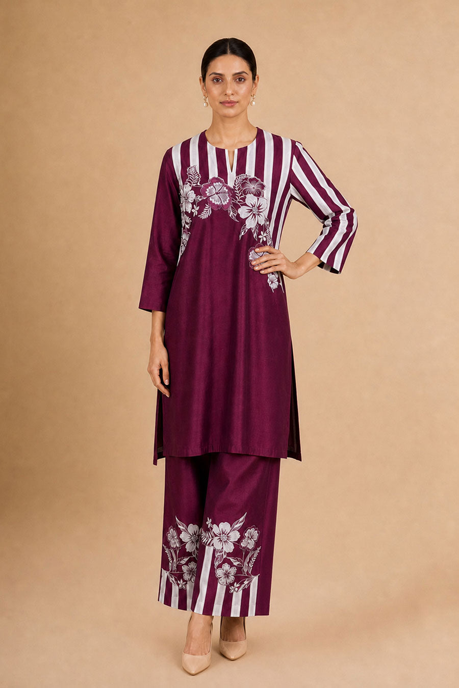 Fiora Burgundy Chanderi Embroidered Tunic Co-Ord Set