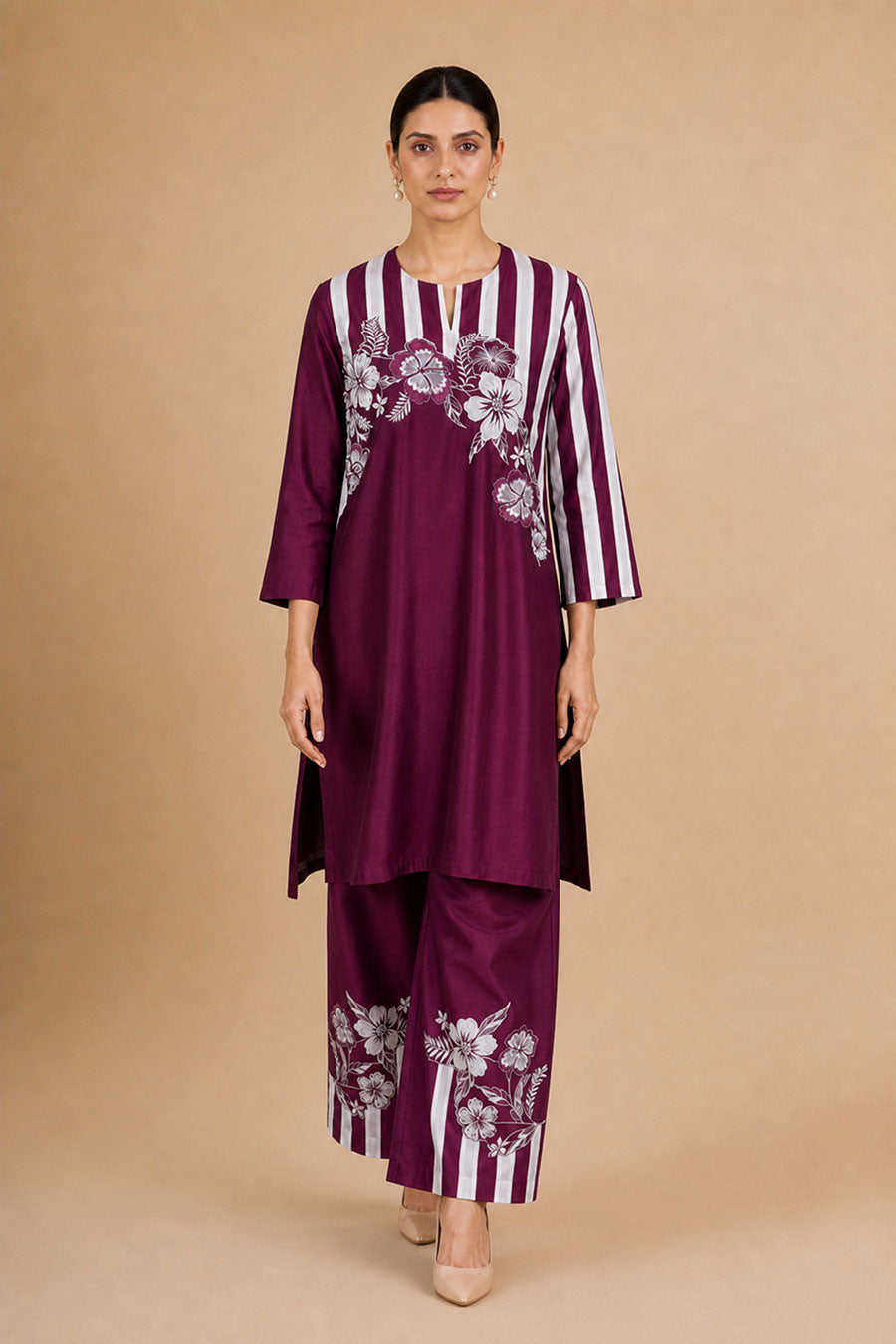 Fiora Burgundy Chanderi Embroidered Tunic Co-Ord Set