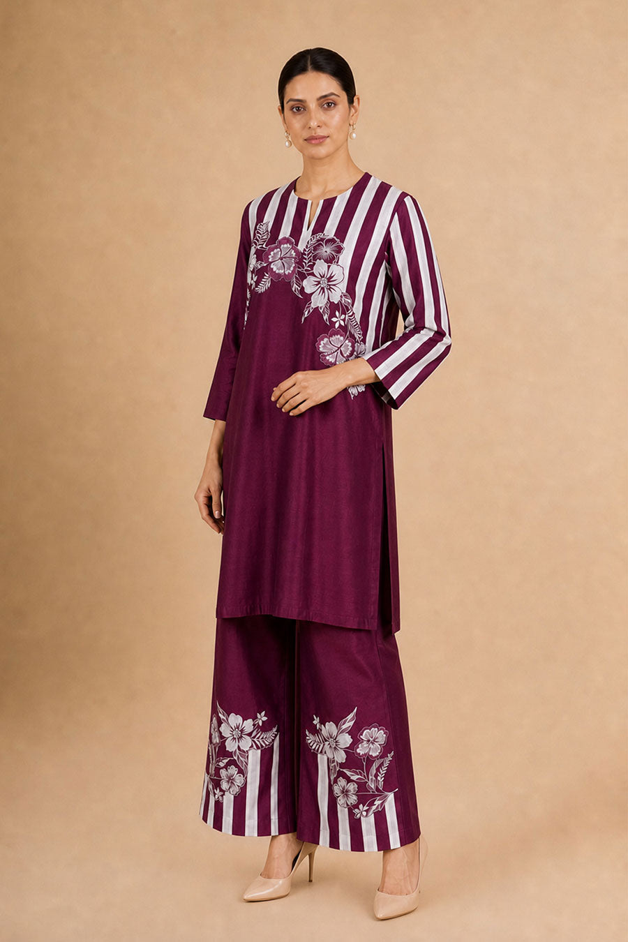 Fiora Burgundy Chanderi Embroidered Tunic Co-Ord Set