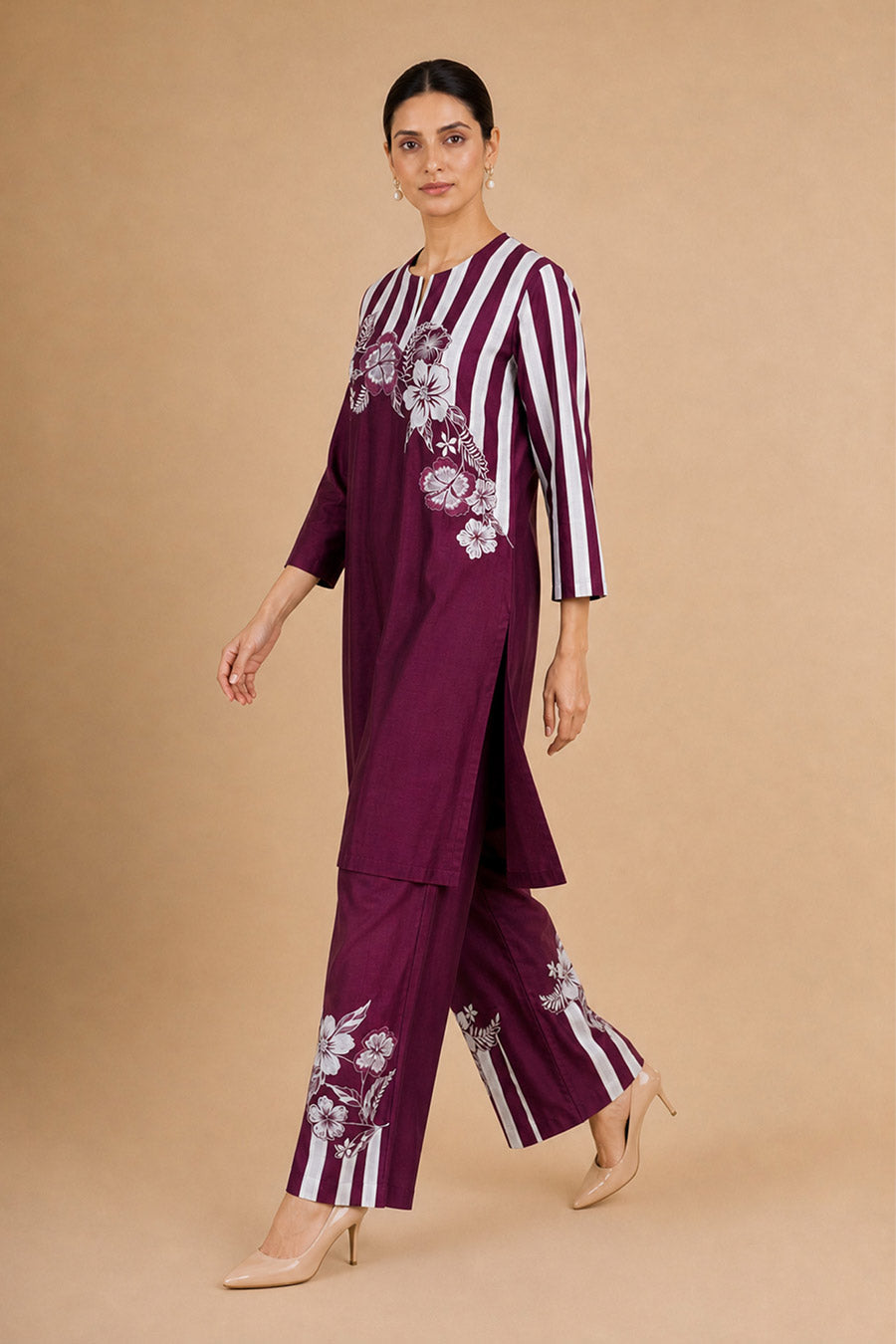 Fiora Burgundy Chanderi Embroidered Tunic Co-Ord Set