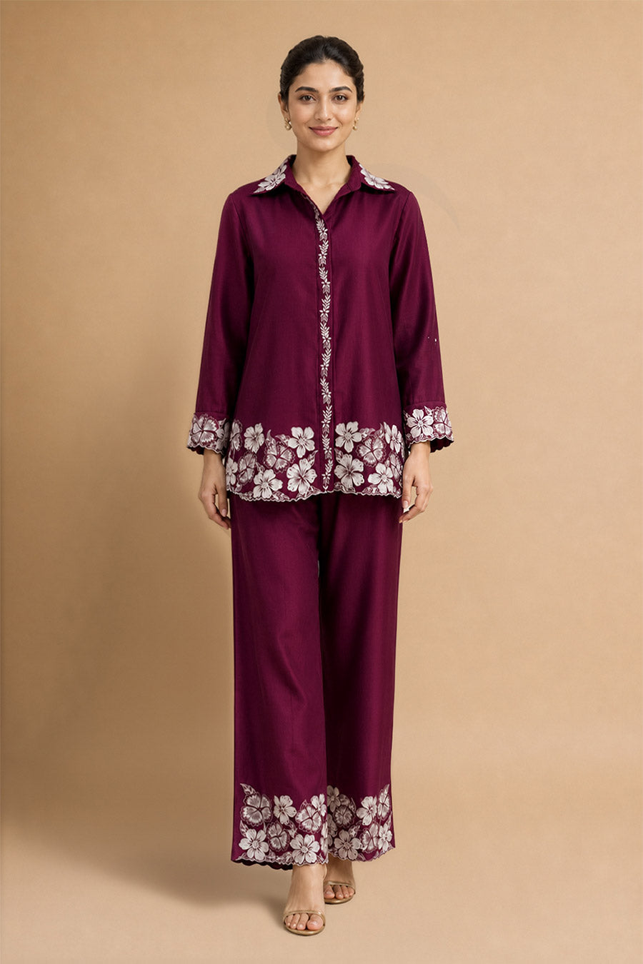 Cassia Burgundy Chanderi Embroidered Co-Ord Set