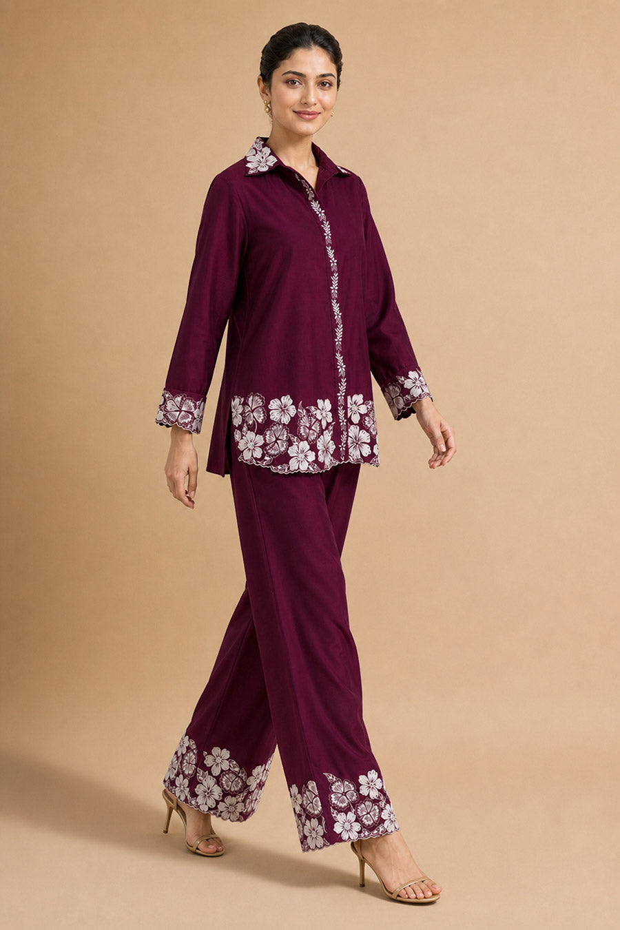 Cassia Burgundy Chanderi Embroidered Co-Ord Set