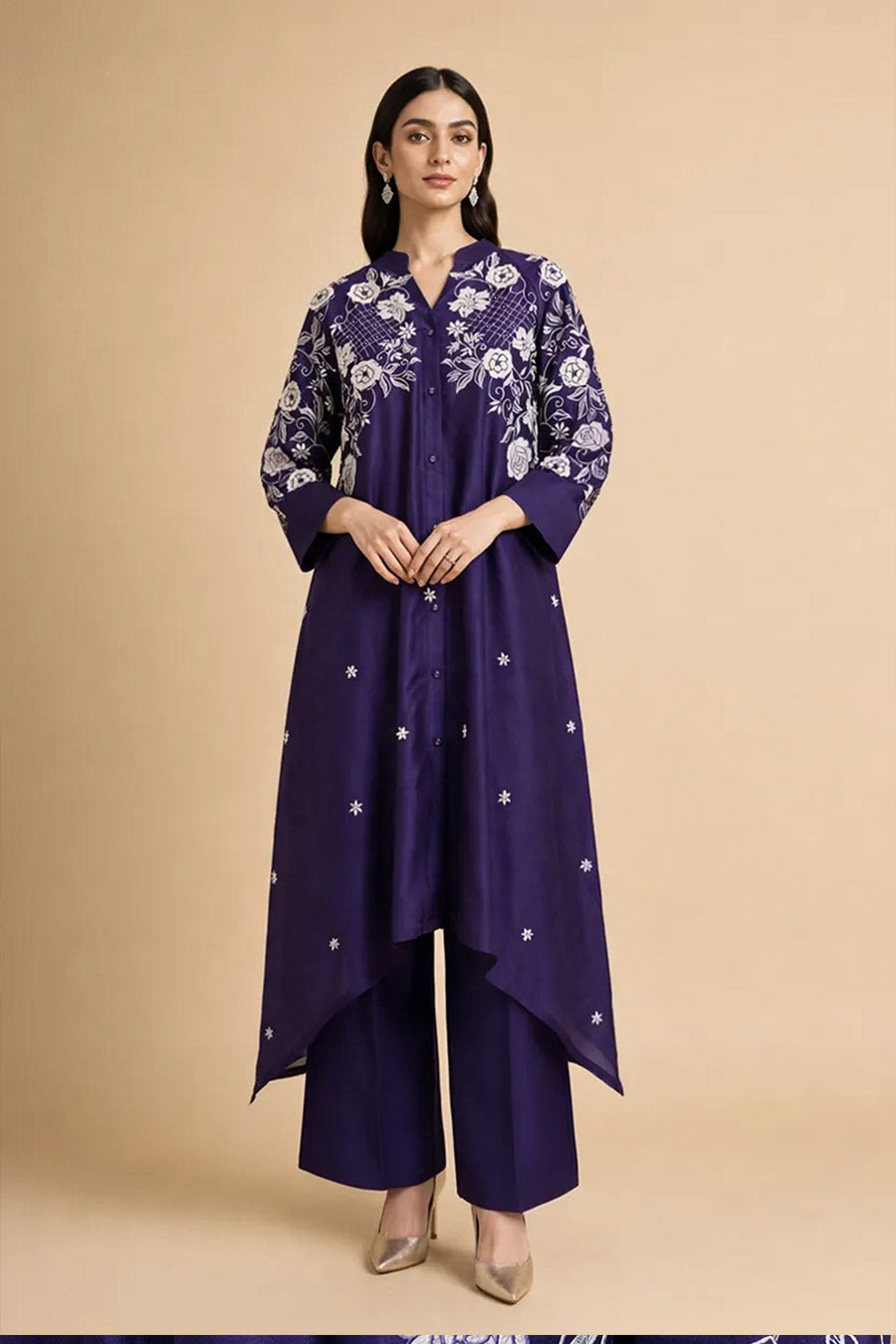 Celestia Purple Chanderi Embroidered Kurta Set
