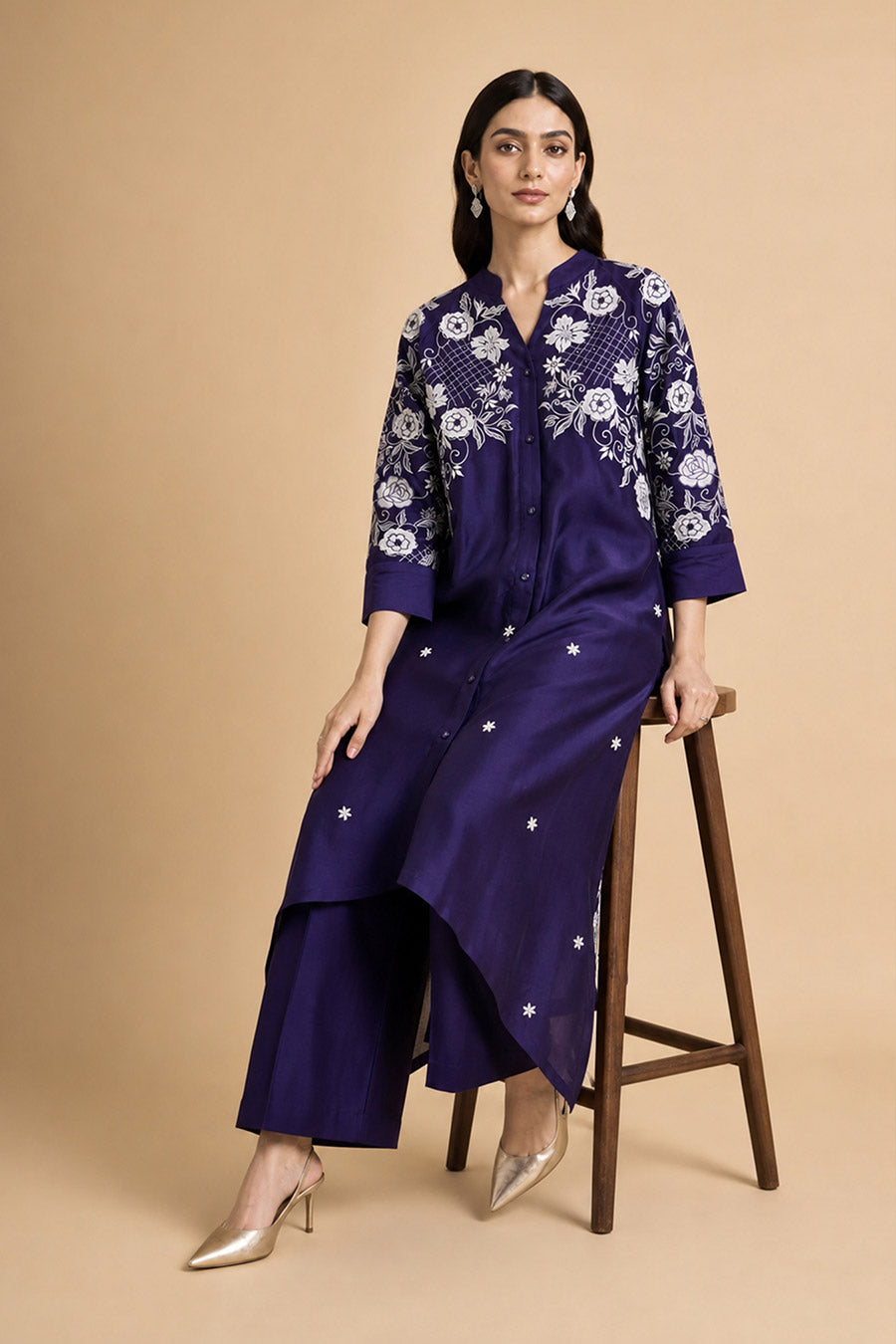 Celestia Purple Chanderi Embroidered Kurta Set