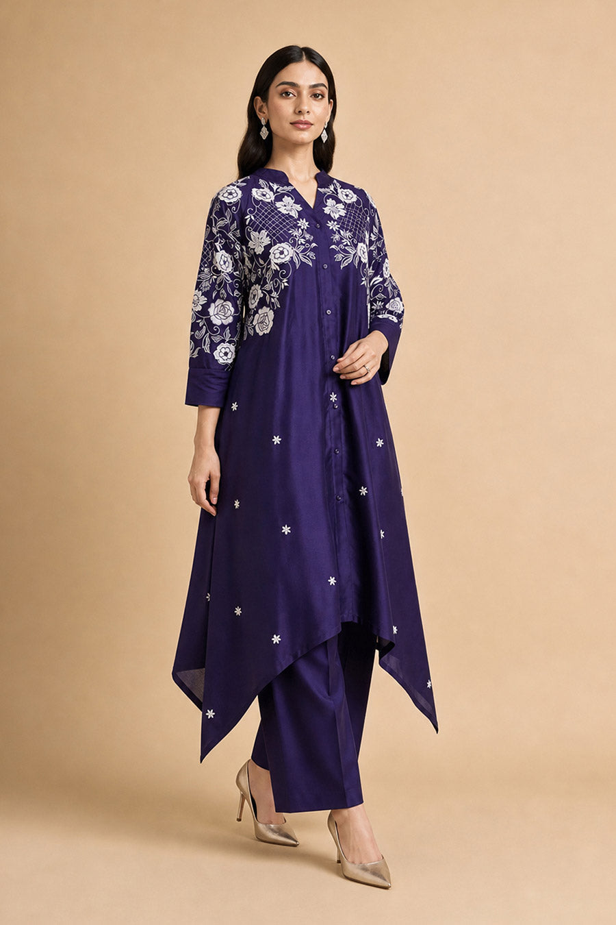 Celestia Purple Chanderi Embroidered Kurta Set