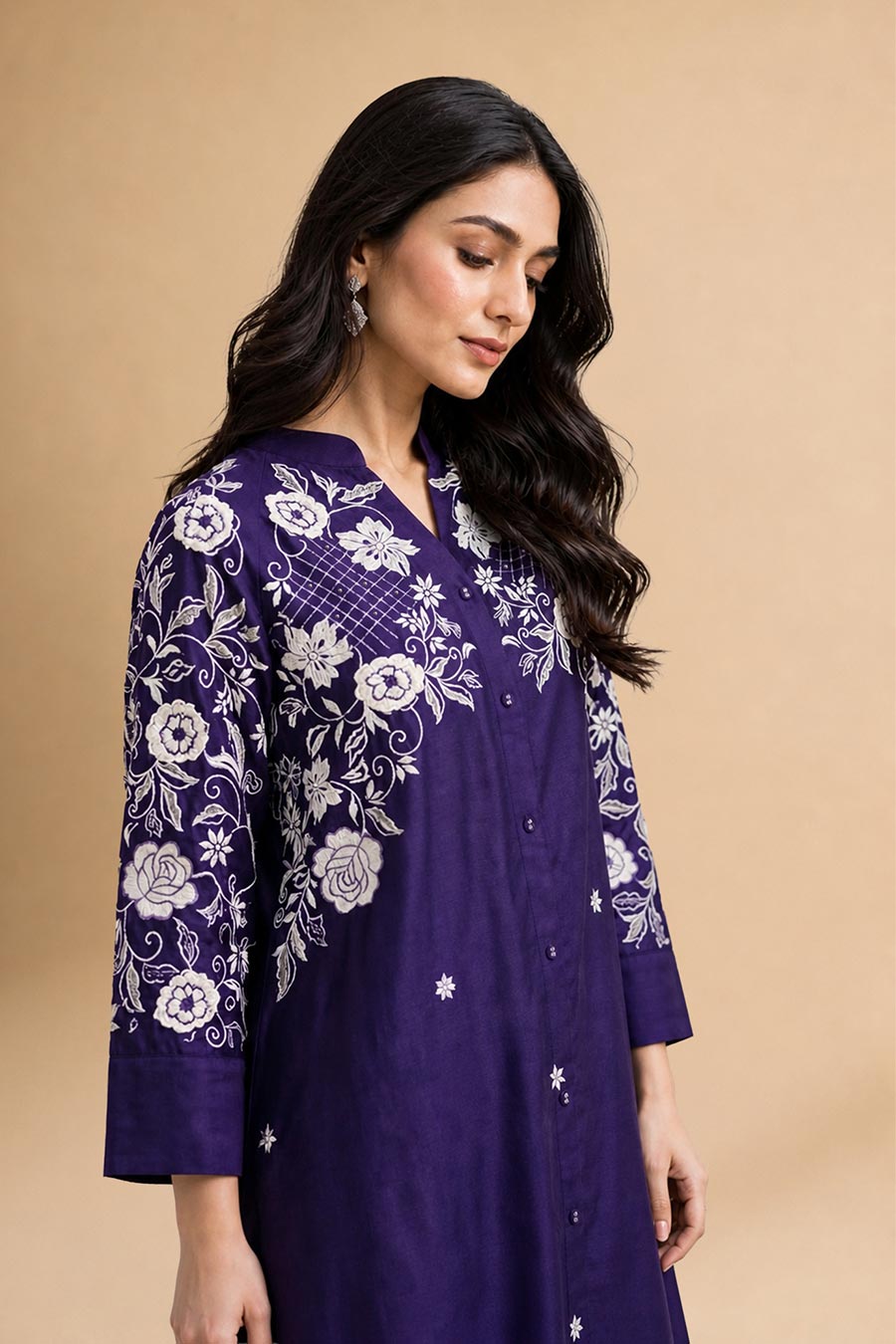 Celestia Purple Chanderi Embroidered Kurta Set