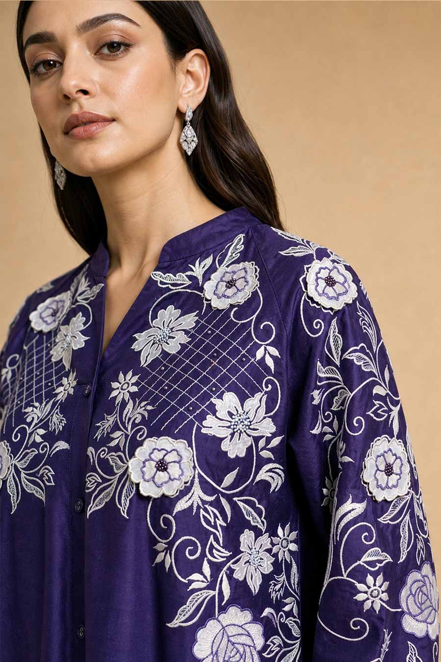 Celestia Purple Chanderi Embroidered Kurta Set