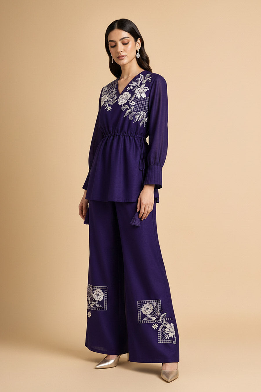 Sorrel Purple Chanderi Embroidered Co-Ord Set