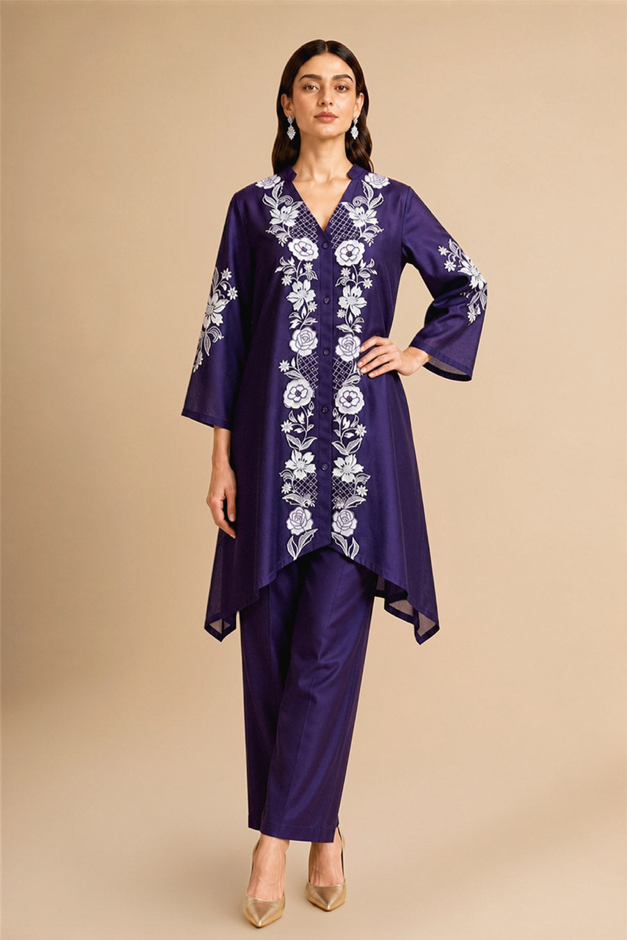 Nerine Purple Chanderi Embroidered Tunic Co-Ord Set
