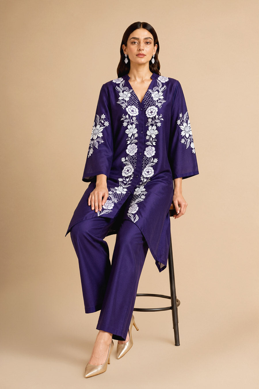 Nerine Purple Chanderi Embroidered Tunic Co-Ord Set