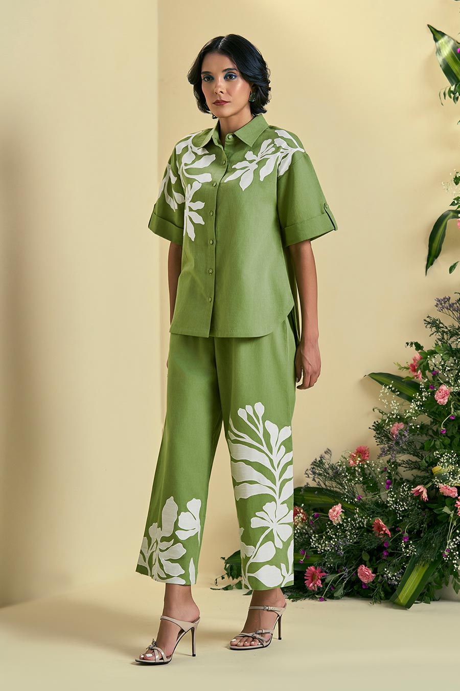 Green Soleil Linen Embroidered Co-Ord Set