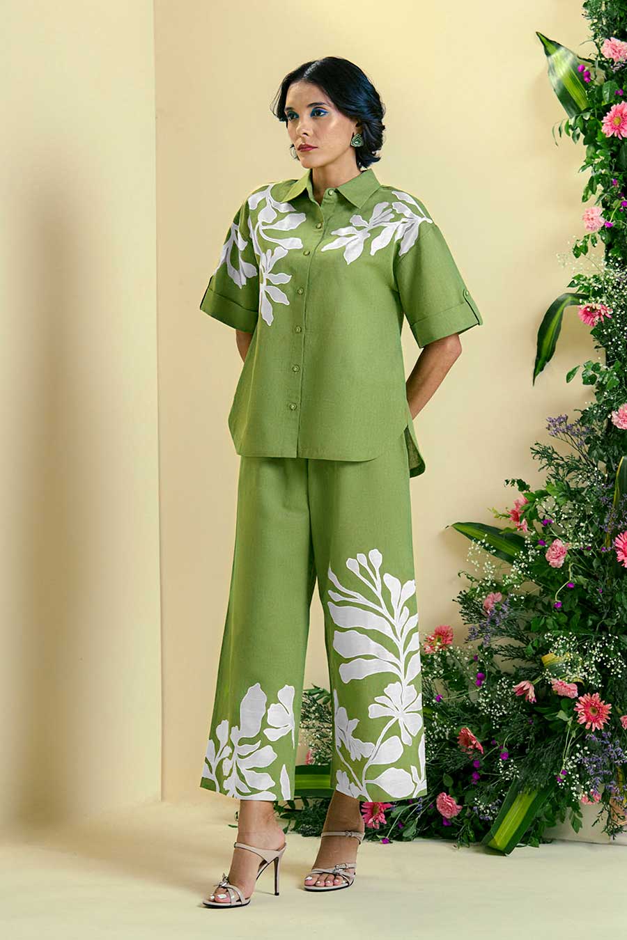 Green Soleil Linen Embroidered Co-Ord Set