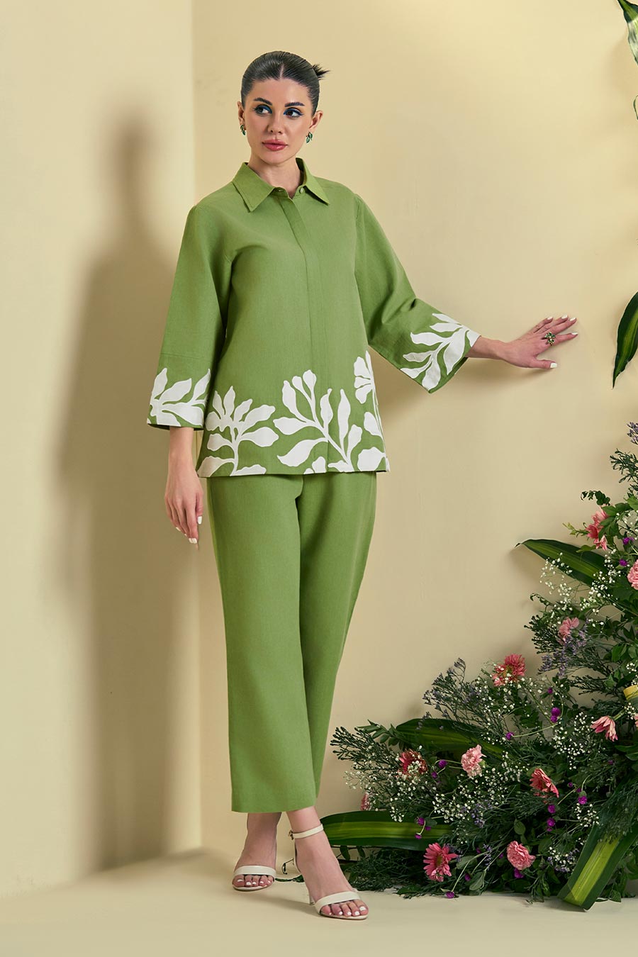 Green Reva Linen Embroidered Co-Ord Set