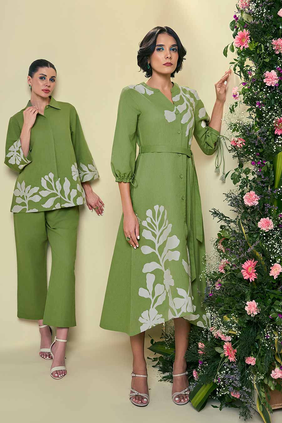 Green Reva Linen Embroidered Co-Ord Set