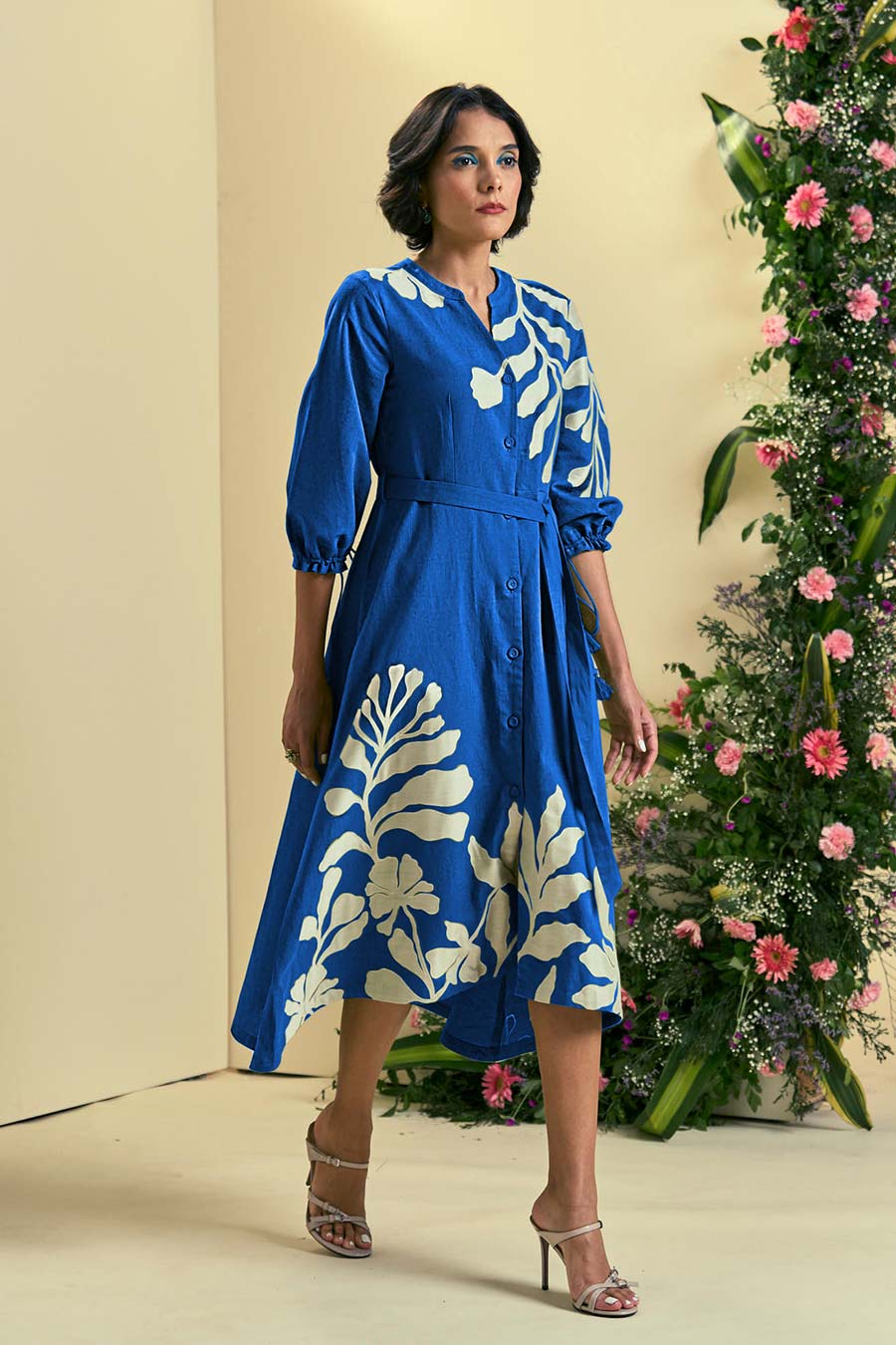 Blue Iris Linen Embroidered Dress