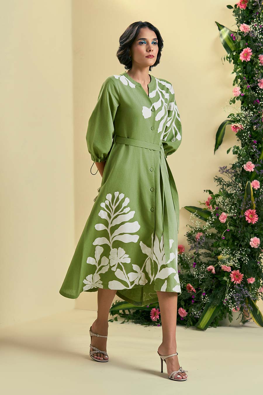 Green Iris Linen Embroidered Dress