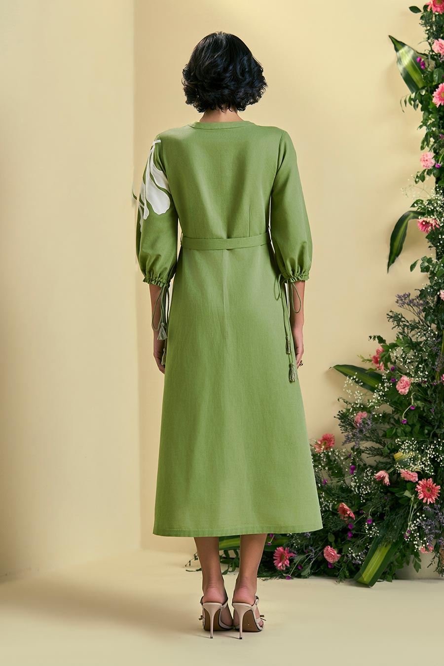 Green Iris Linen Embroidered Dress