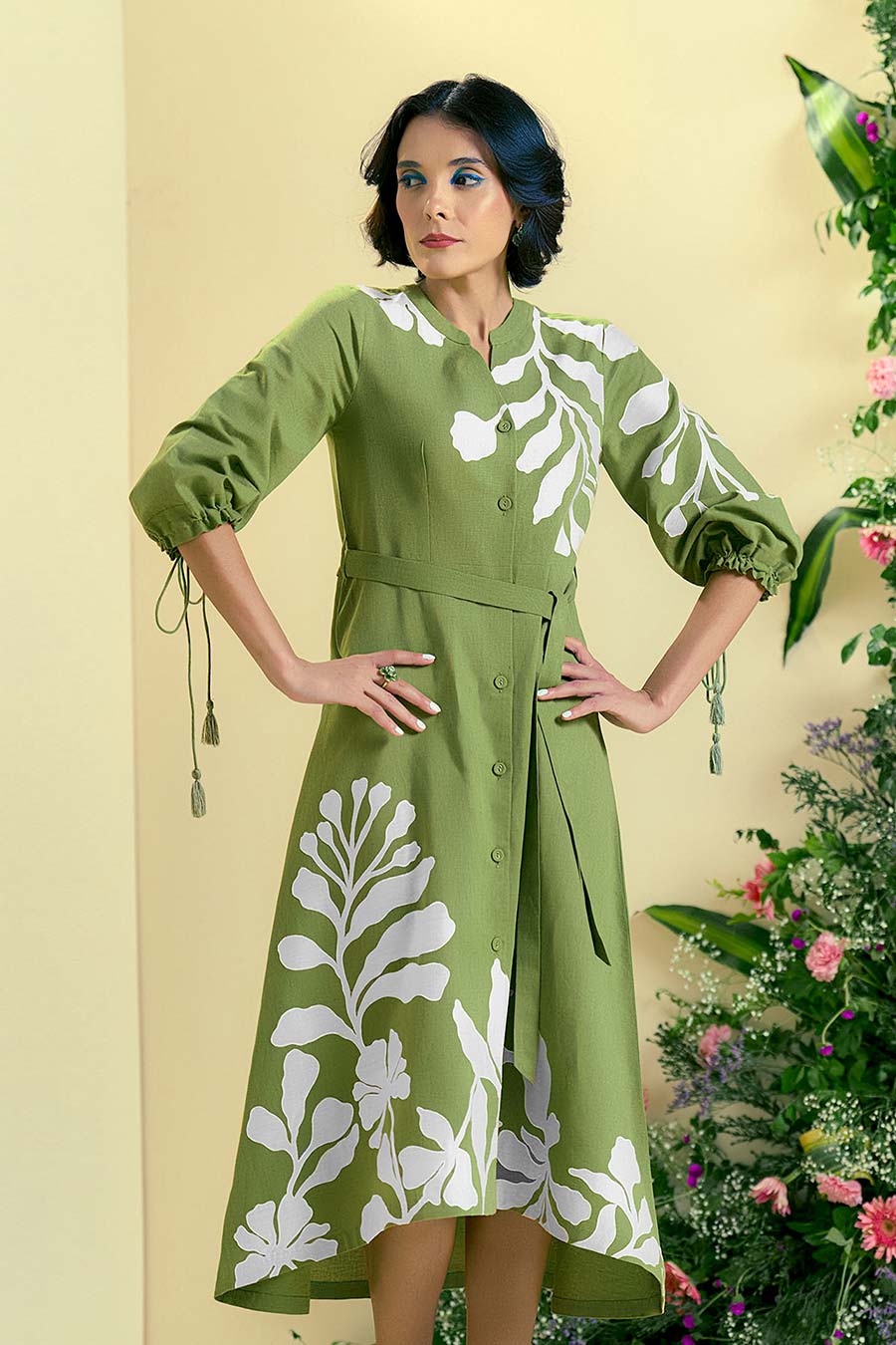 Green Iris Linen Embroidered Dress