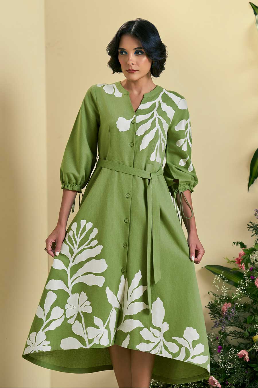 Green Iris Linen Embroidered Dress