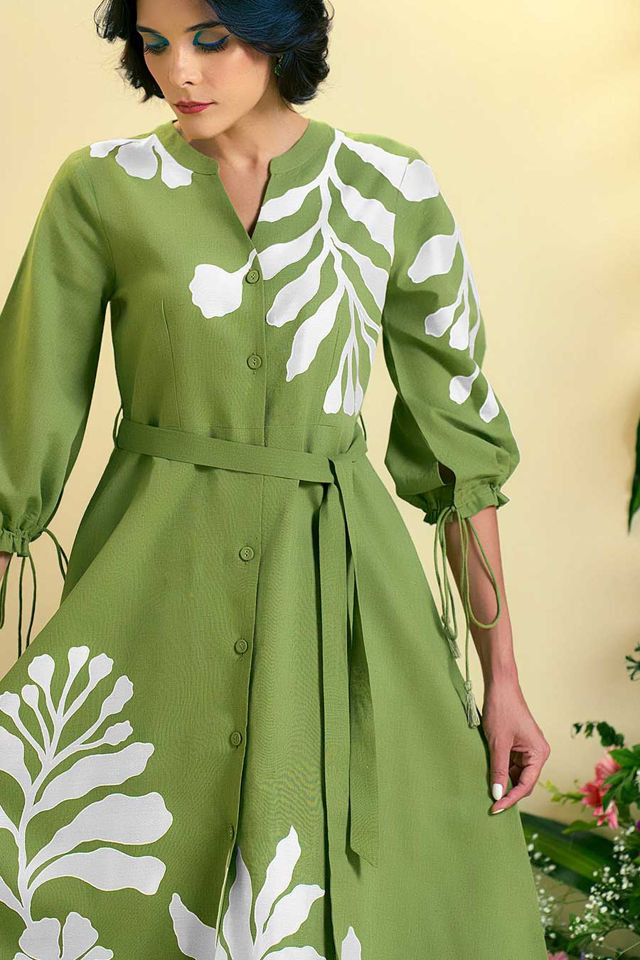 Green Iris Linen Embroidered Dress