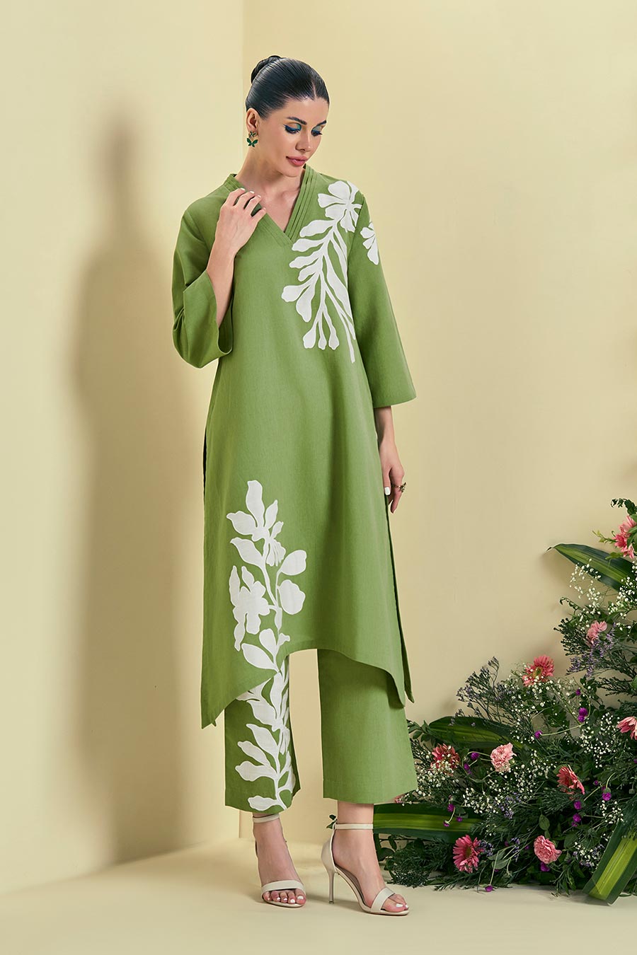 Green Willow Linen Embroidered Co-Ord Set