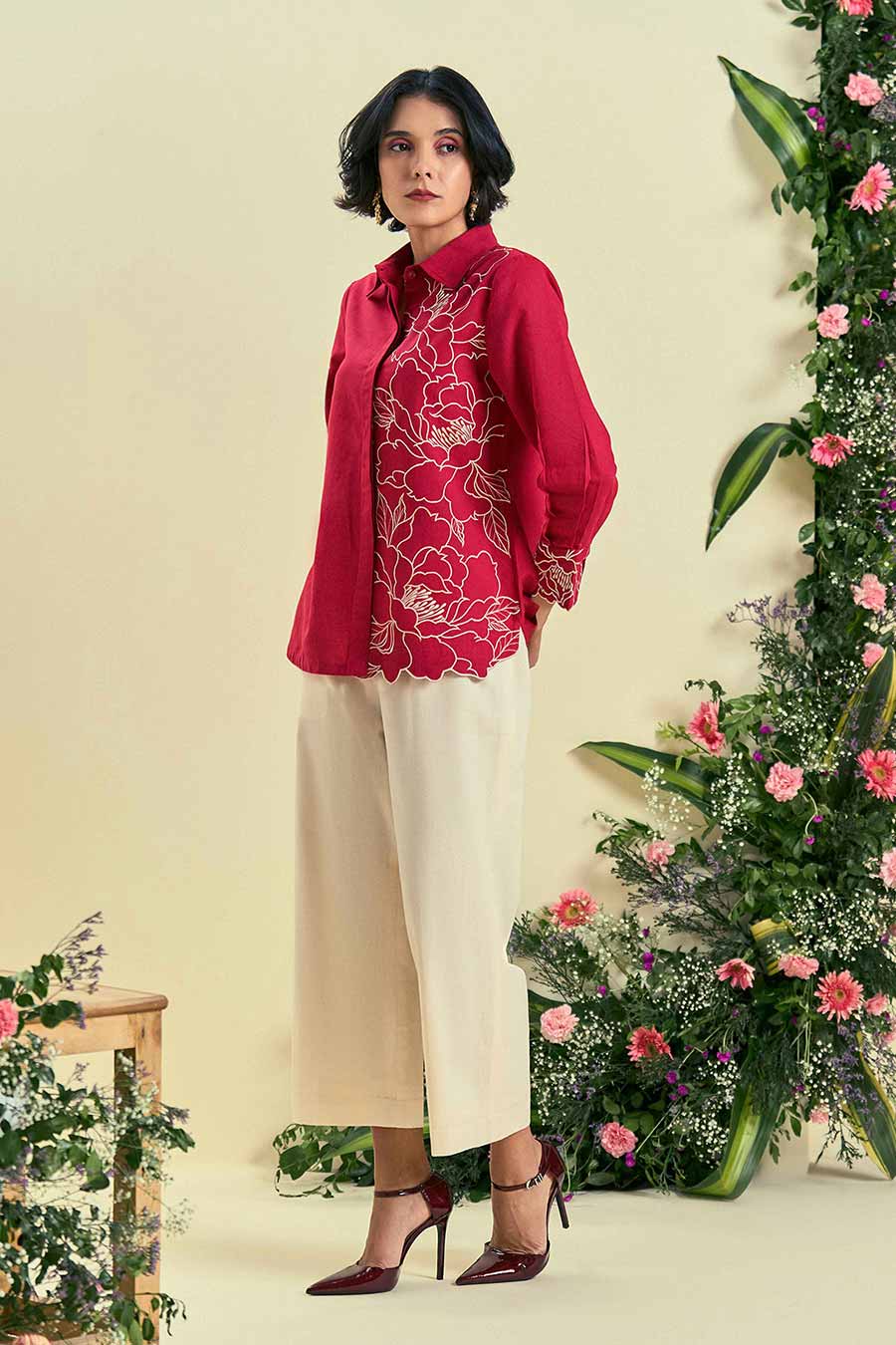 Red Bloom Linen Embroidered Co-Ord Set