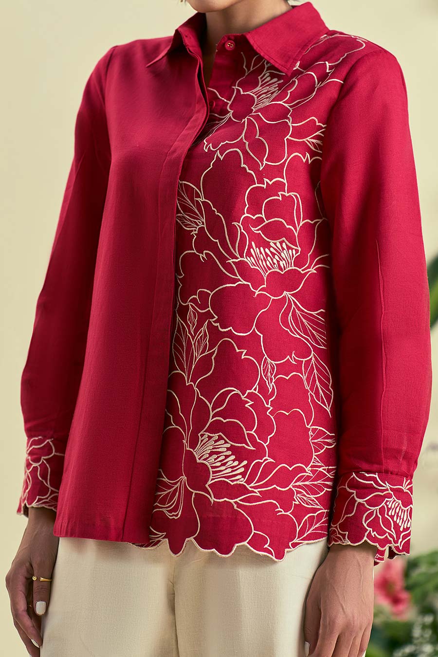 Red Bloom Linen Embroidered Co-Ord Set