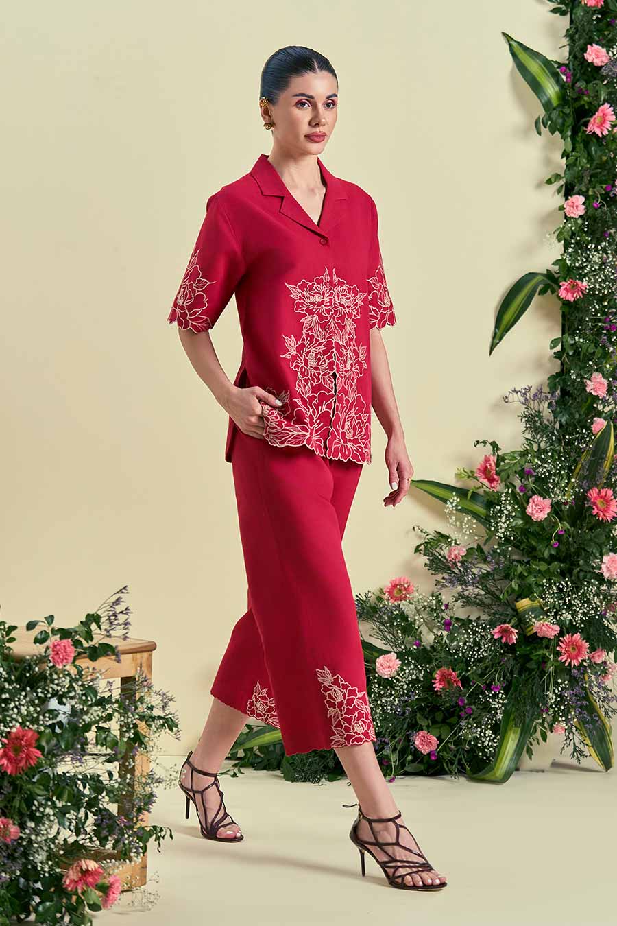 Red Amara Linen Embroidered Co-Ord Set